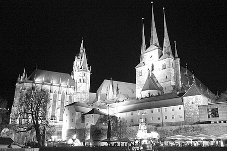 Erfurt, mercado de Natal, Natal, advento, Dom, Igreja, preto e branco
