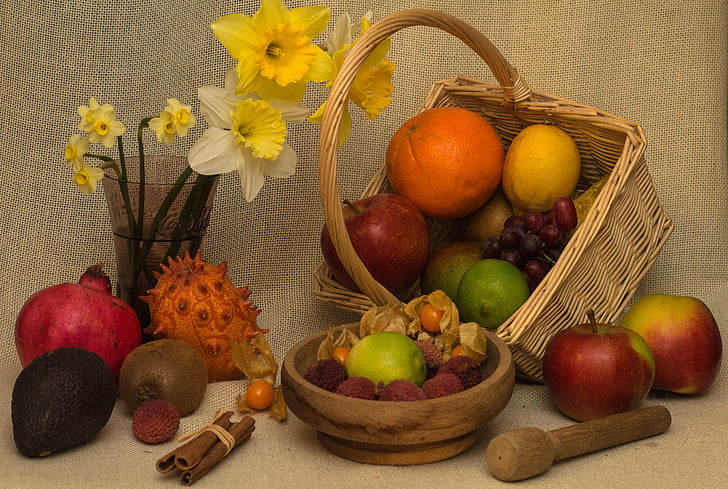 still life, fruits, basket, bouquet, decorated, fruit, fruit bowl