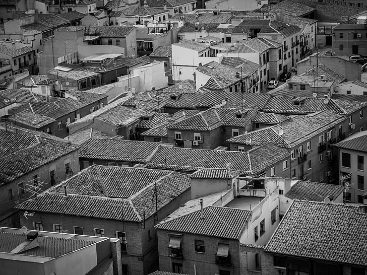 people, roof, black and white, houses, housing, architecture, construction