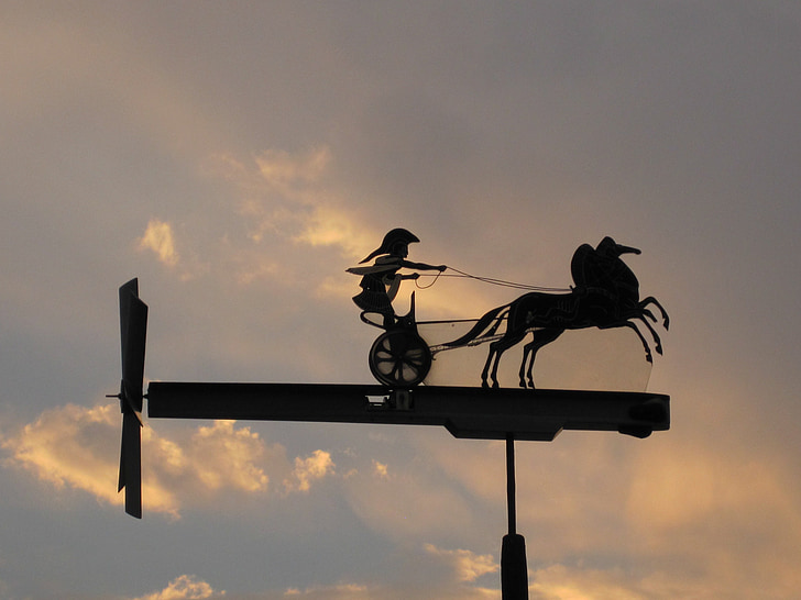 whirly-gig, weather vane, spartan and chariot, handwork, horse dran war chariot, sky, clouds