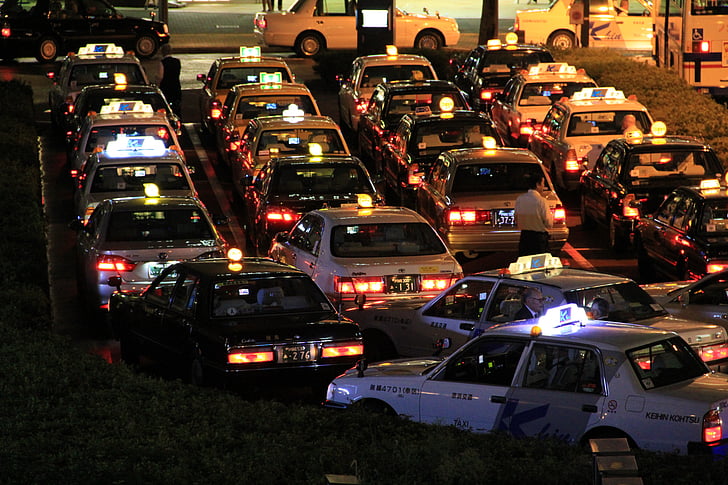taxis, nit, Japó, taxistes, ciutat, carrer, transport