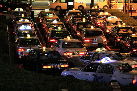 taxis, nit, Japó, taxistes, ciutat, carrer, transport