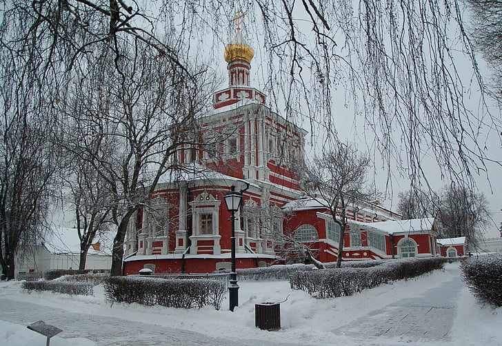 Moscou, architecture, couvent, orthodoxe, hiver, neige, température froide
