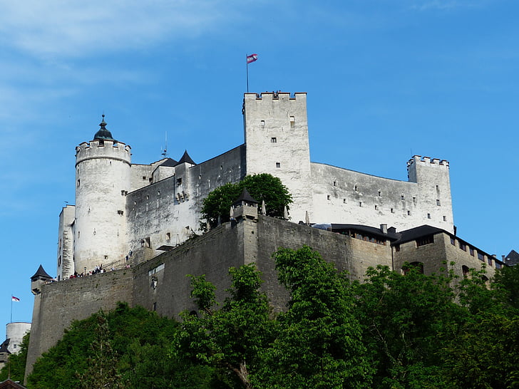 hvid, sort, ved siden af, træer, Hohensalzburg-fæstningen, Castle, vartegn