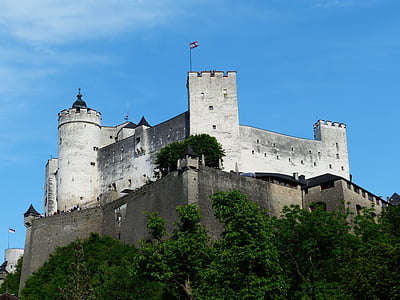 Branco, preto, ao seu lado, árvores, Fortaleza de Hohensalzburg, Castelo, Marco