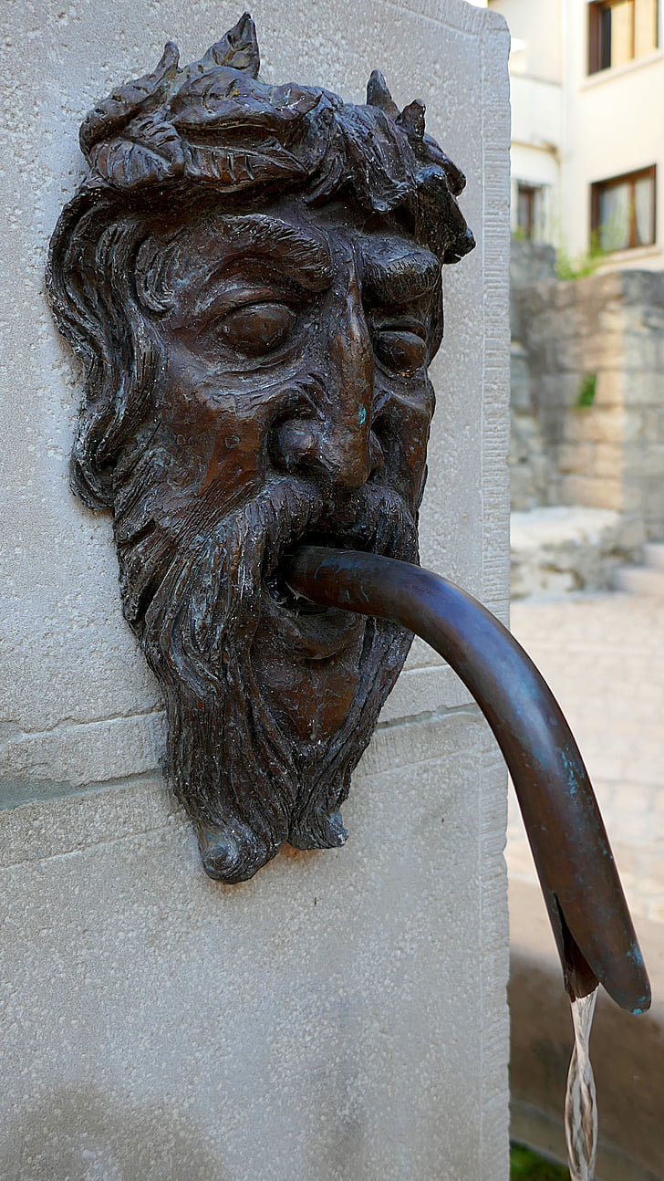 Brunnen, Gesicht, Bronze, Uzes, Frankreich, Gard, Languedoc-roussillon