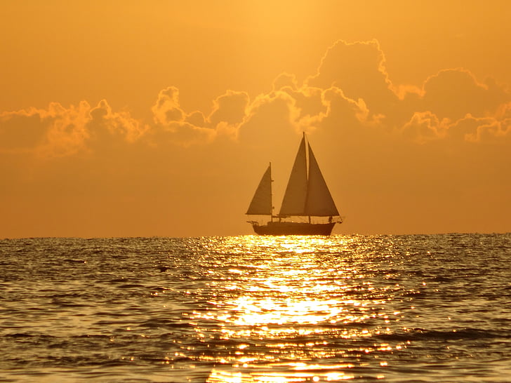 brod, zalazak sunca, Ožujak, plaža, more, čarter plovila, Jedrenjak