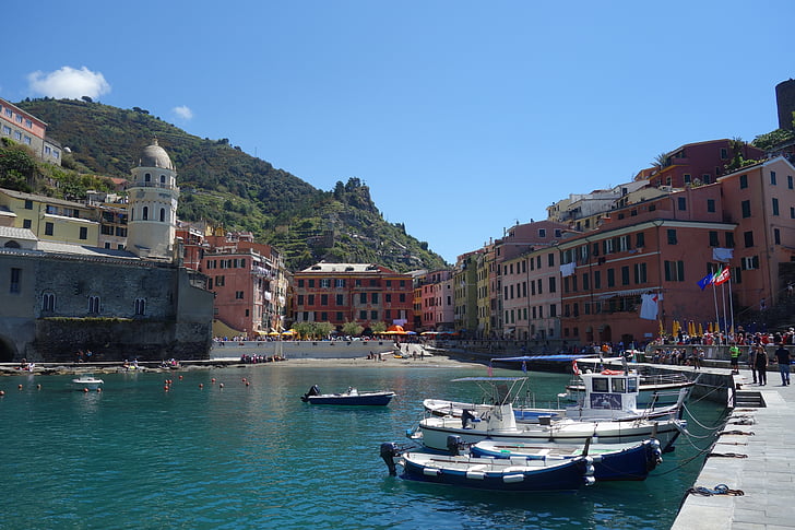 Cinque terre, Italia, mar, barcos, Europa, Liguria, aldea