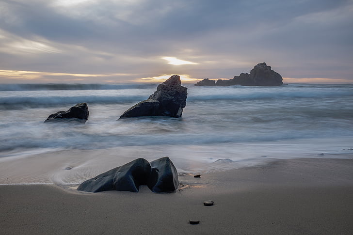 nature, landscape, rocks, water, beach, clouds, sky