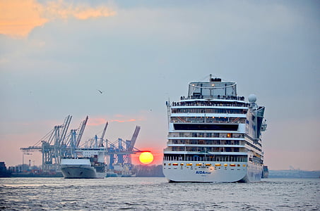 Port, Hamburg, Aida, naplemente, Elba, hajó, a hamburgi kikötő