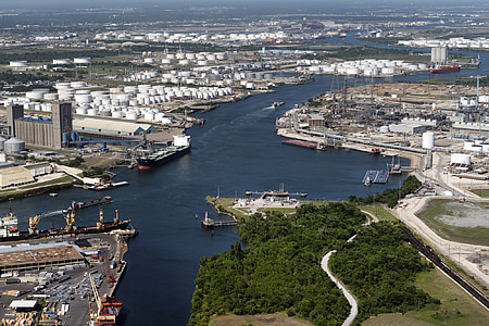 Houston ship channel, Flygfoto, Petroleum faciliteter, industriella, stadsbild, olja, energi