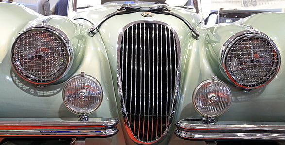 oldtimer, jaguar, classic, automobile, old car, grille, spotlight