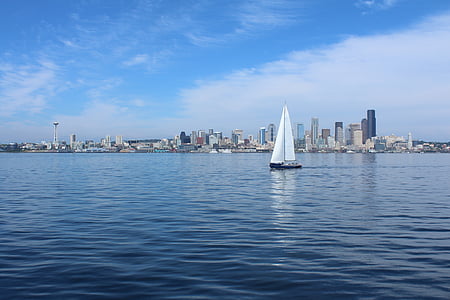 Seattle, đường chân trời, thuyền buồm, thành phố, nước, màu xanh, Panorama