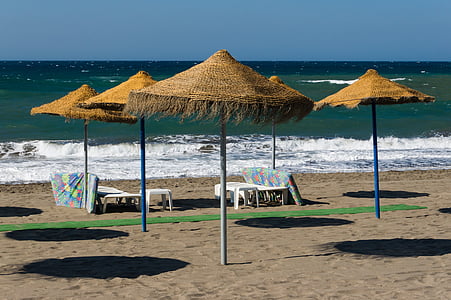 beach umbrellas, spain, andalusia, sea, ocean, water, sun