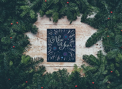 naujas, metų, Spausdinti, dekoro, viduryje, Kalėdos, medžiai