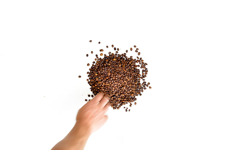 pile, coffee, beans, hand, taking, roasted, brown