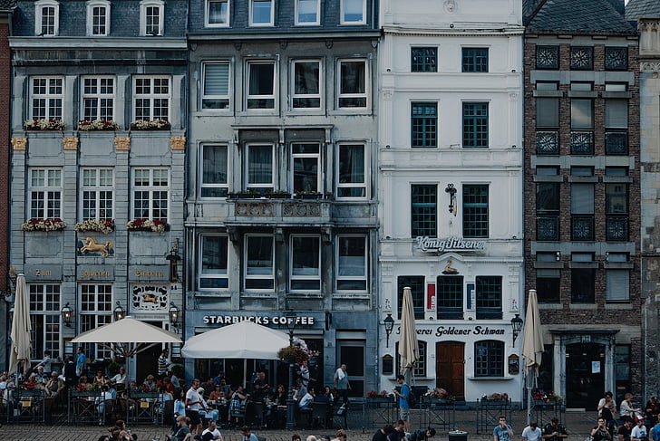buildings, structure, architecture, starbucks, street, people, crowd