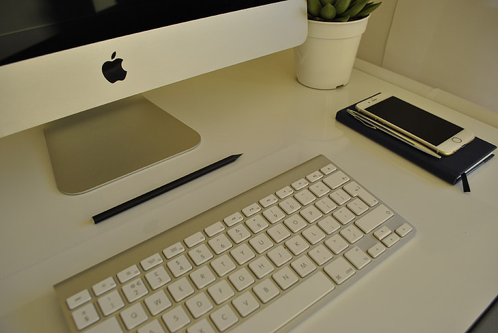 imac, desk, white, keyboard, table, computer, office