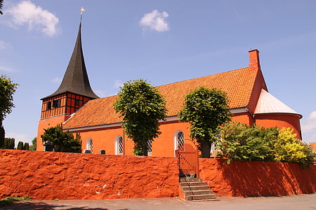 Svaneke, kostel, červená, zeď, věž, střecha, Bornholm