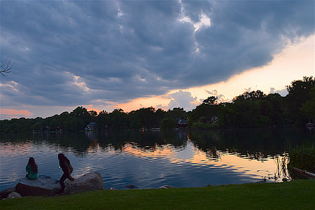 puesta de sol, Lago, niños, reflexión de roca, agua, naturaleza, paisaje