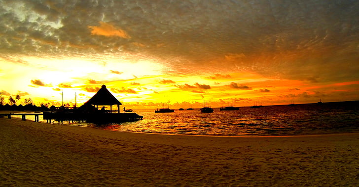 Maldives, posta de sol, platja, illa, complex, Mar, vacances
