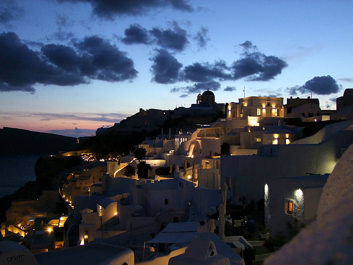 Abendstimmung, Santorini, Oia, Domy, krateru, chmury, niebo