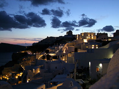 abendstimmung, Santorini, Oia, kuće, kratera, oblaci, nebo