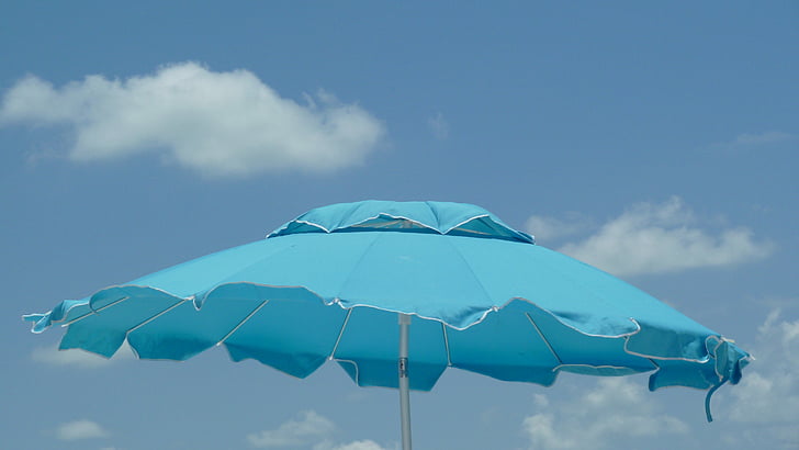 beach, umbrella, sky, blue, sunny, blue sky, clouds