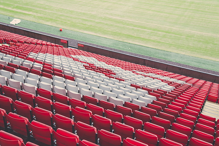 สีแดง, สีขาว, ที่นั่ง, เก้าอี้, สนามกีฬา, กีฬา, คอนเสิร์ต