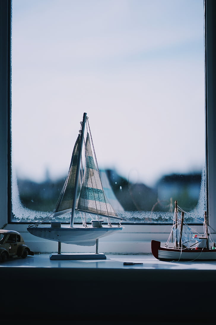 dva, bílá, modrá, plachetnice, miniaturní, okno, model