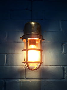 bóng đèn, đèn, bức tường màu xanh, brickwork, ánh sáng điện, thợ điện, thủy tinh