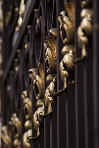 design, fence, gate, gold trim, metal, ornate, wrought iron