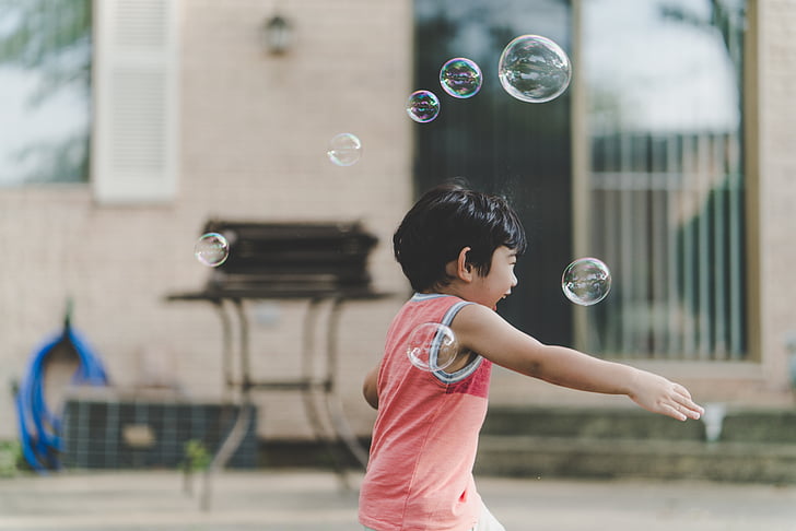 boy, playing, bubbles, daytime, people, kid, child