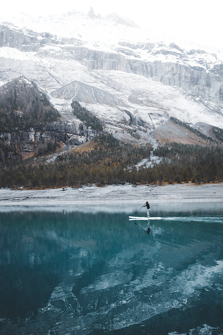 person, paddle, boarding, calm, body, water, mountain