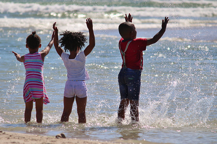 bambini, Sud Africa, acqua, iniettare, spiaggia, mare, nero