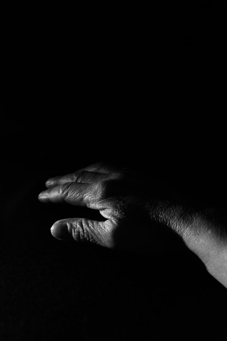 hand, old, black and white, low key, dark