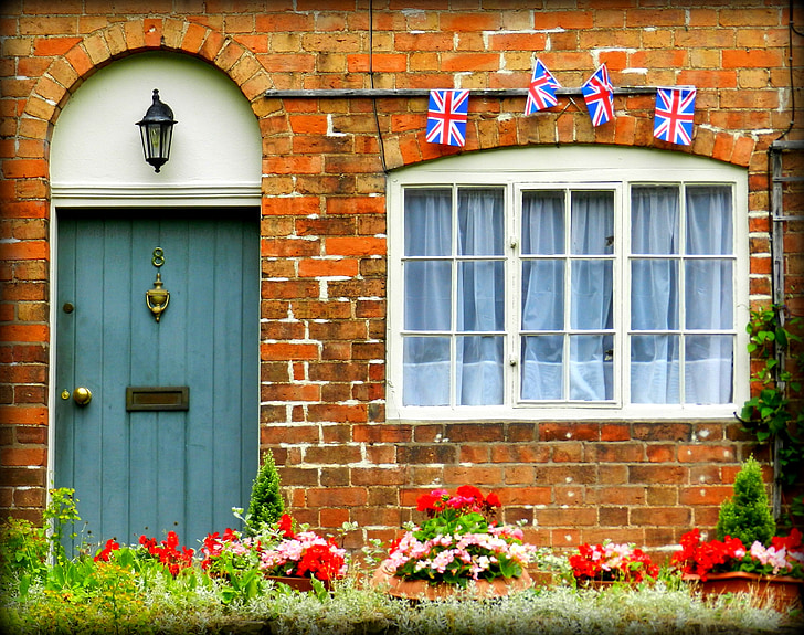Engeland, Britse vlag, deuropening, ingang, deuren, Engelse cottage, Cottage