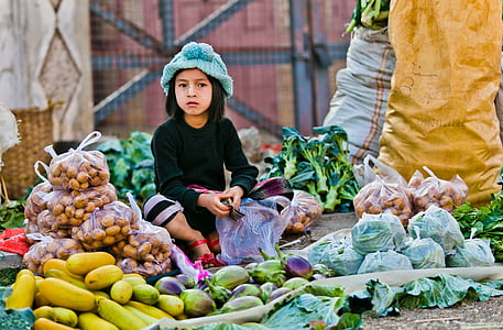 ranní trh, dítě, prodej, Myanmar, trh, Asie, ráno, jídlo