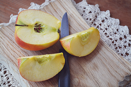 apple, bio apple, cut, sliced apple, fruit, natural product, cutting board