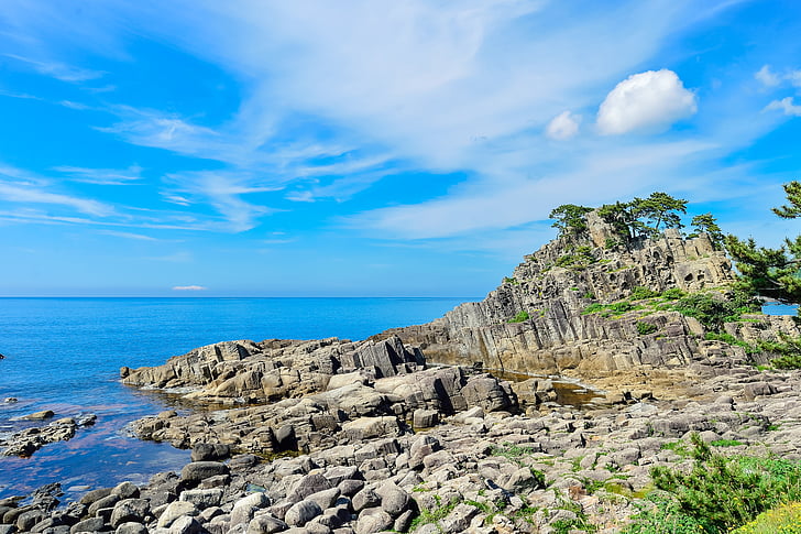 τοπίο, φυσικό, Ιαπωνία, στις αρχές του καλοκαιριού, μπλε του ουρανού, στη θάλασσα, ροκ