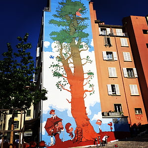 rajz, freskó, fal, titeuf, Lausanne, PTA, városi táj
