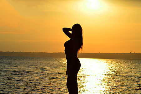 silueta, žena, dievča, Ocean, slnko, more, vody