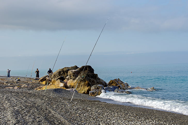 sea, scoglio, fishing, fishermen, beach, fishing rods, blue