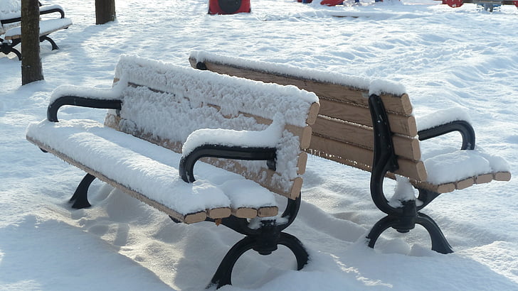 park, benches, snow covered, outside, winter, empty