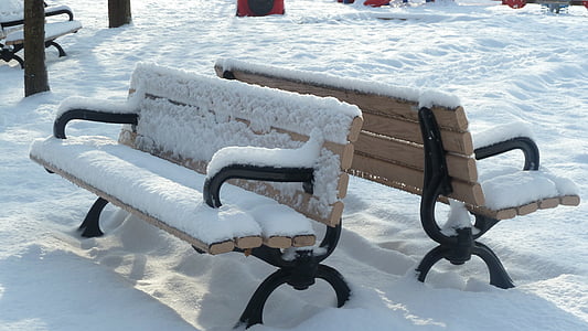 park, benches, snow covered, outside, winter, empty
