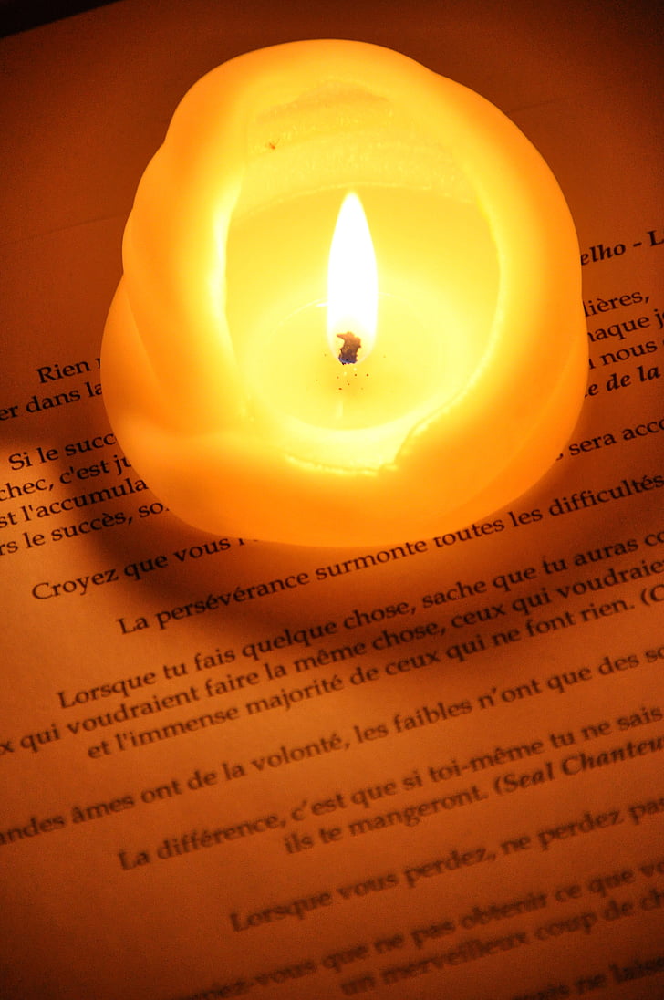 Espelma, resplendor, flama, escriptura, text, paraula, llegir