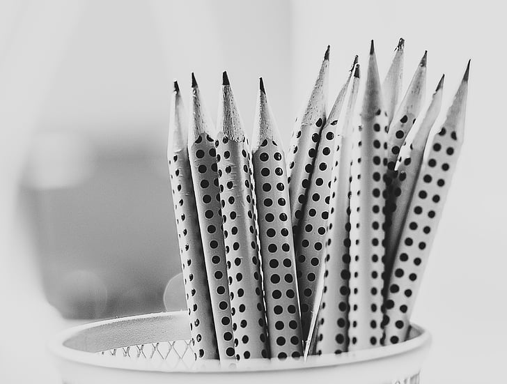 black-and-white, macro, pencils