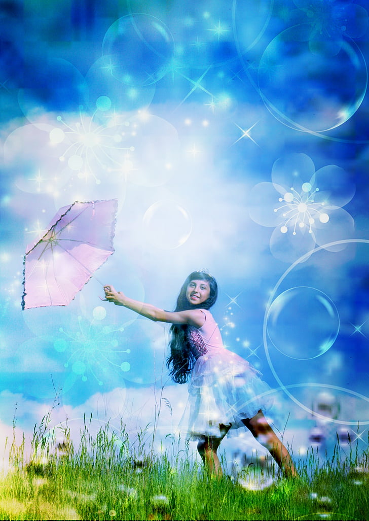 Flicka, barn, bubblor, Princess, paraply, porträtt, sommar