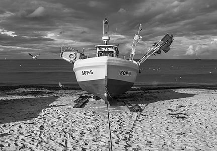 beach, boat, sea, water, transport, travel, black and white