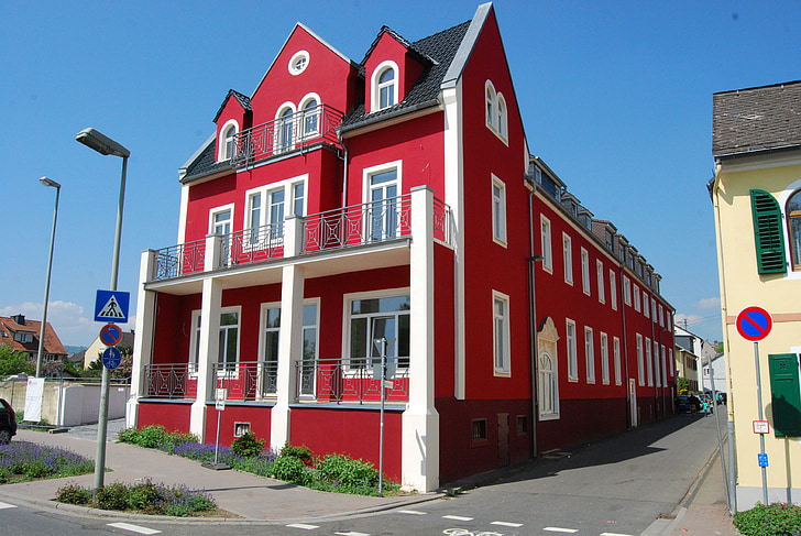 rumah, merah, arsitektur, jalan, geisenheim, eksterior bangunan, struktur yang dibangun